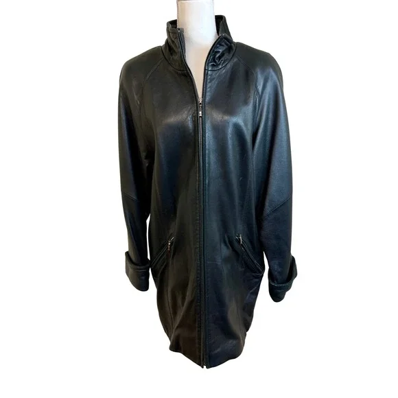 Vintage Y2K LIZ CLAIBORNE Black Leather Car Coat Jacket Zip Sz M Minimalist Goth - Picture 16 of 16